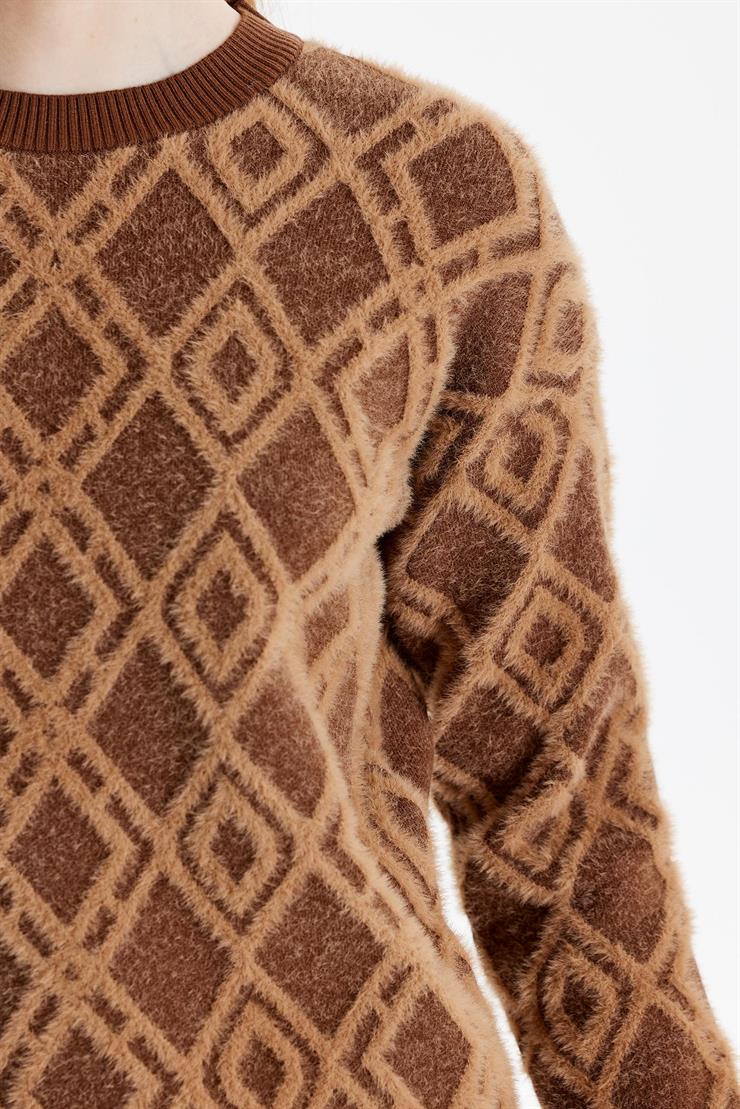 Desenli Sıfır Yaka Triko Tunik KAHVE