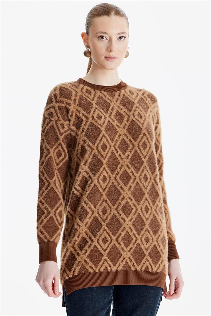 Desenli Sıfır Yaka Triko Tunik KAHVE