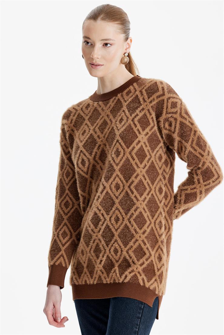 Desenli Sıfır Yaka Triko Tunik KAHVE