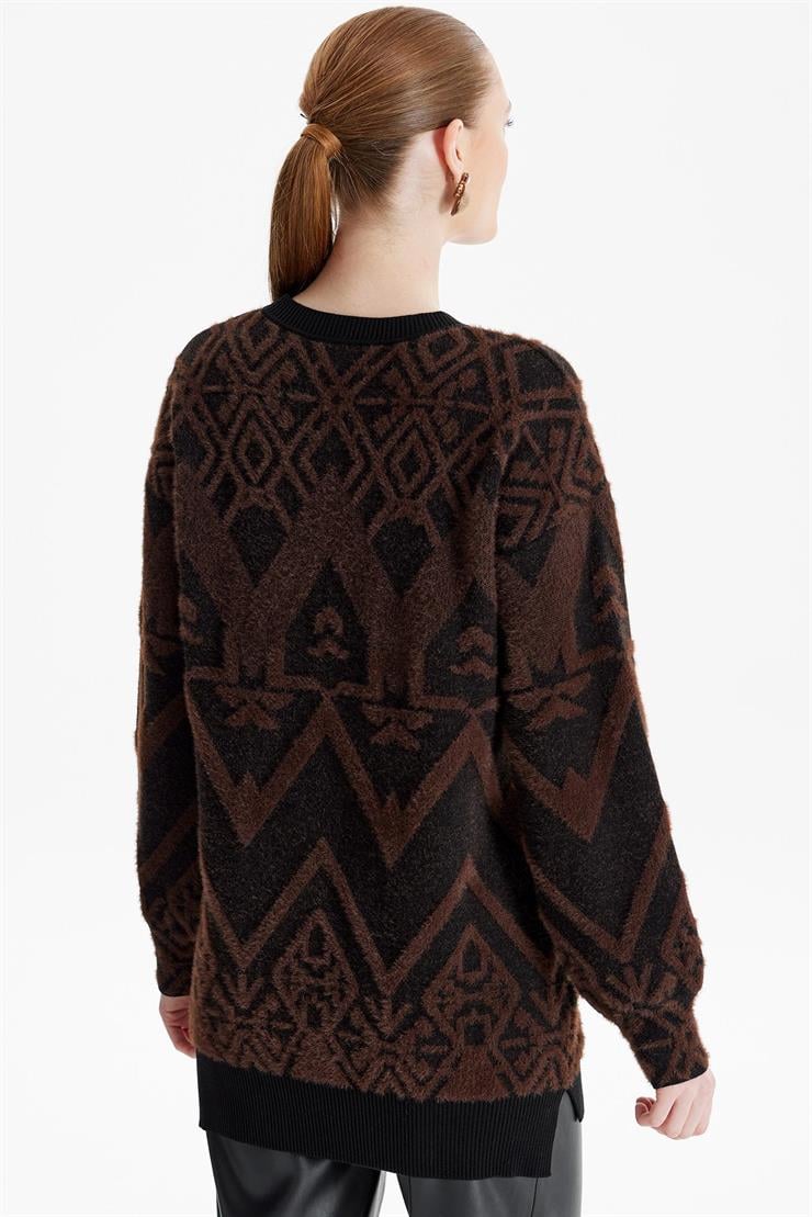 Desenli Sıfır Yaka Triko Tunik KAHVE