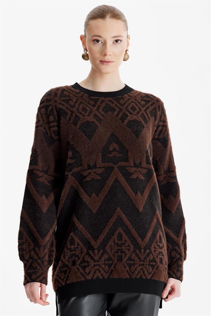 Desenli Sıfır Yaka Triko Tunik KAHVE