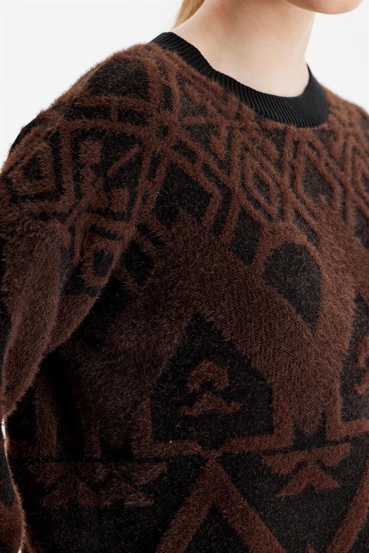 Desenli Sıfır Yaka Triko Tunik KAHVE