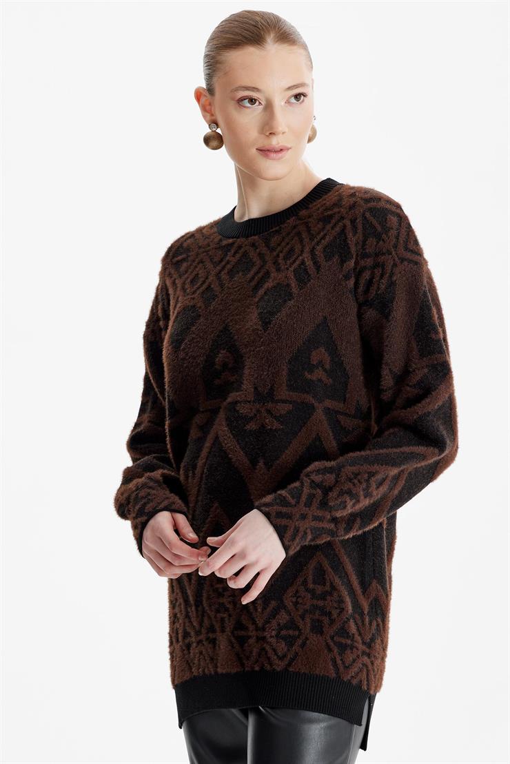 Desenli Sıfır Yaka Triko Tunik KAHVE