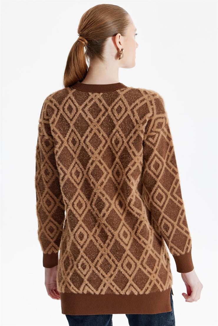 Desenli Sıfır Yaka Triko Tunik KAHVE