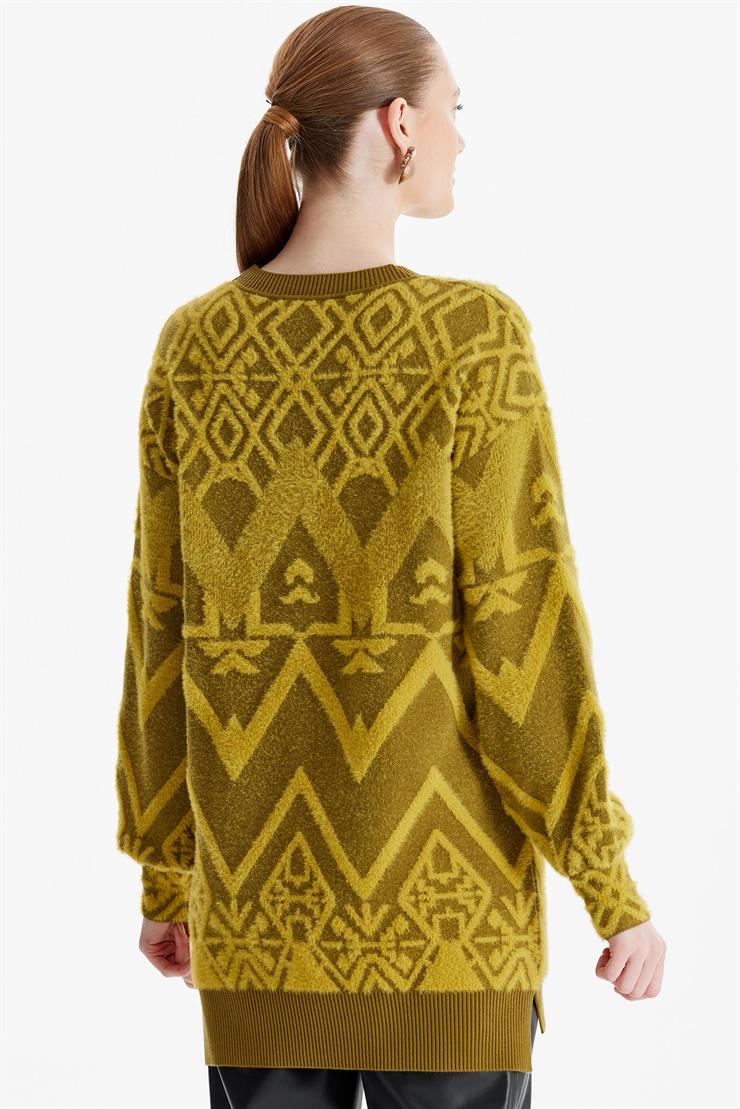 Desenli Sıfır Yaka Triko Tunik OLİVE