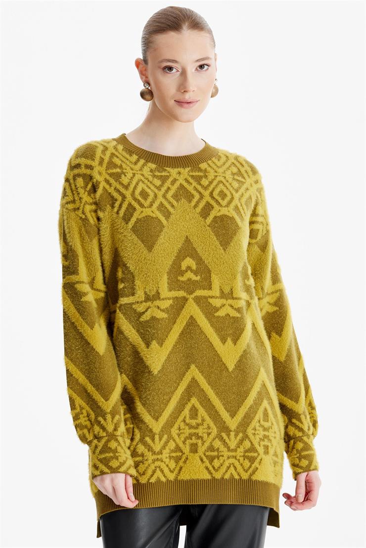 Desenli Sıfır Yaka Triko Tunik OLİVE