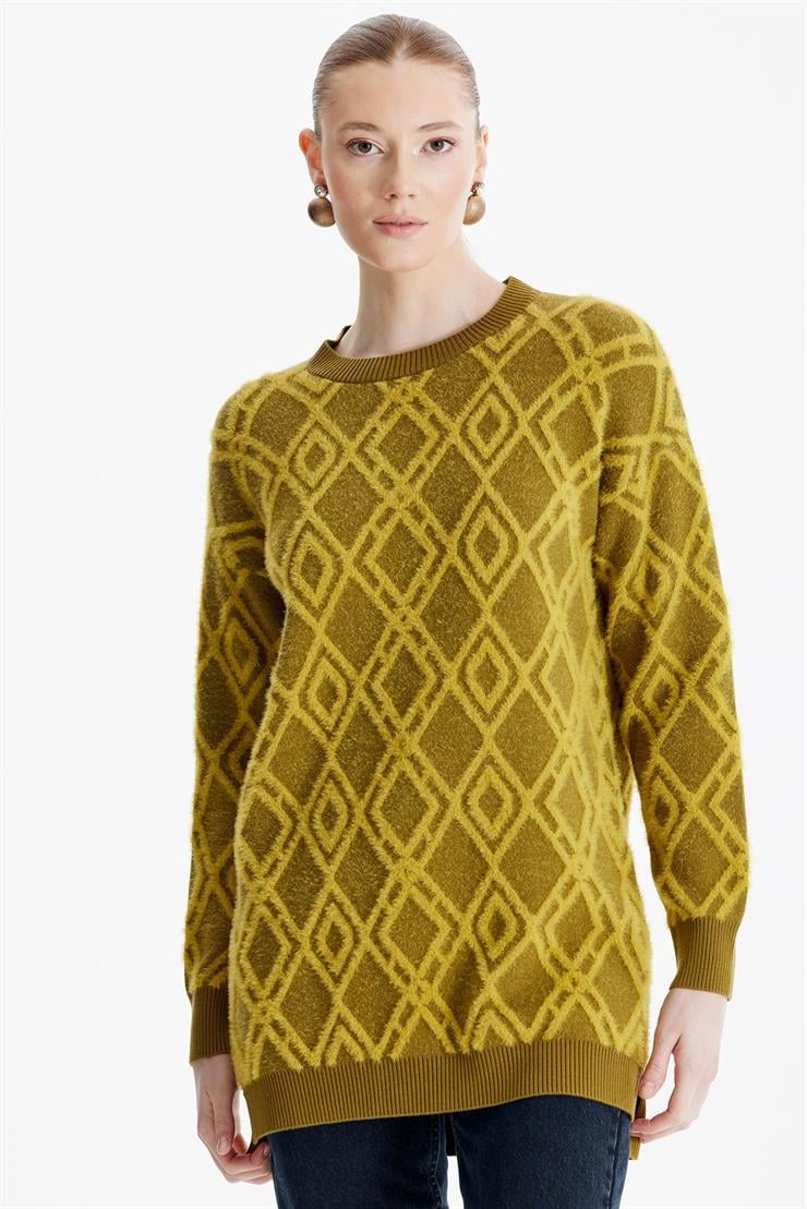 Desenli Sıfır Yaka Triko Tunik OLİVE