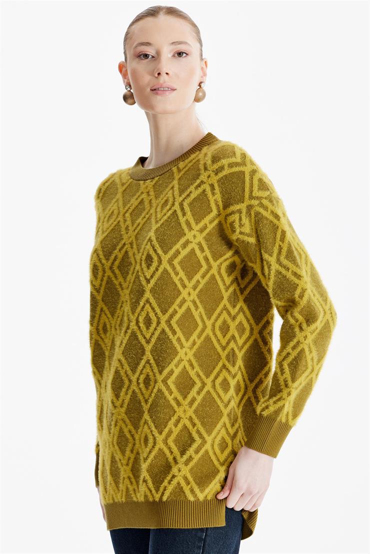 Desenli Sıfır Yaka Triko Tunik OLİVE