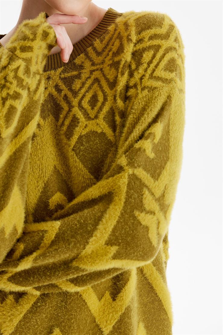 Desenli Sıfır Yaka Triko Tunik OLİVE