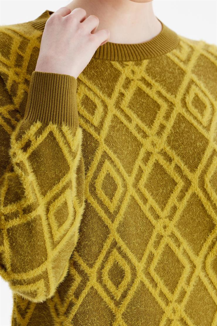 Desenli Sıfır Yaka Triko Tunik OLİVE