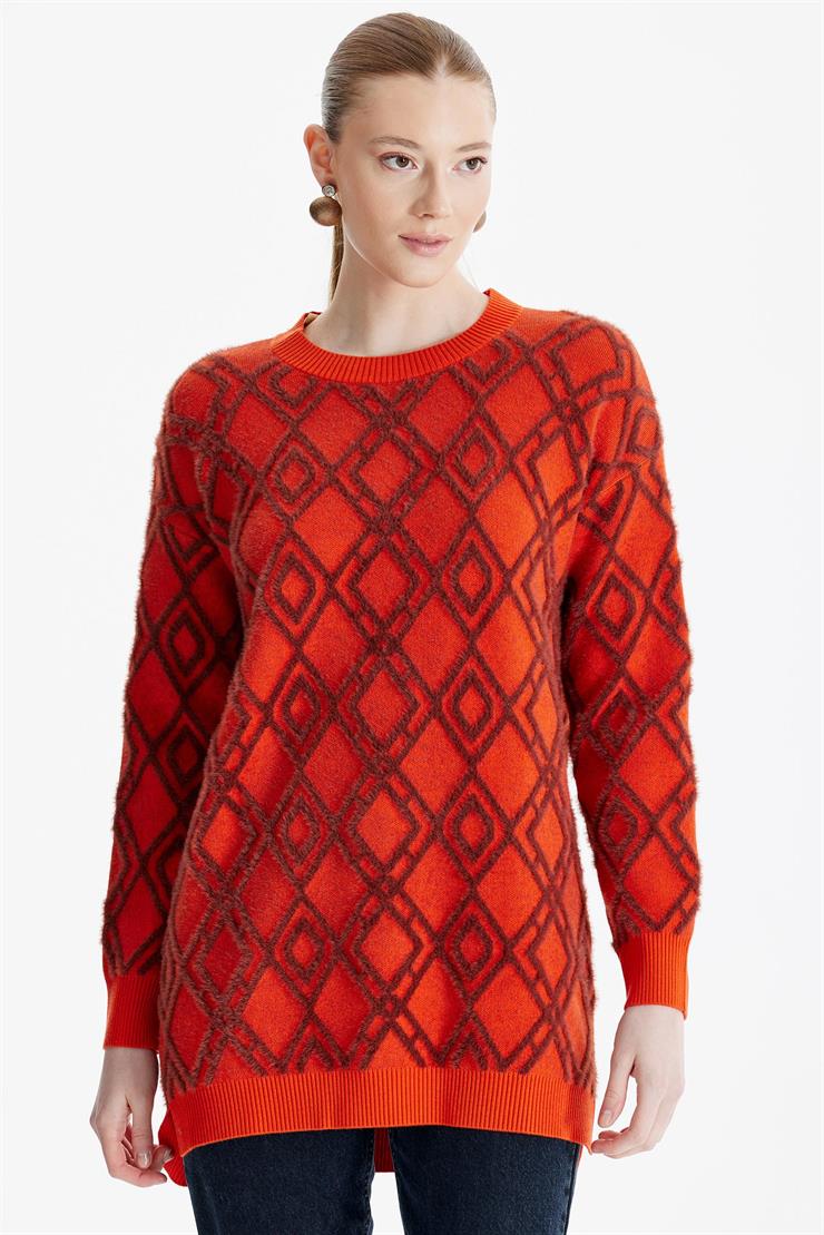 Desenli Sıfır Yaka Triko Tunik ORANJ