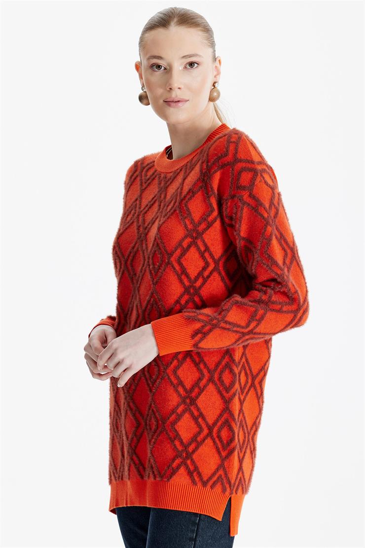 Desenli Sıfır Yaka Triko Tunik ORANJ