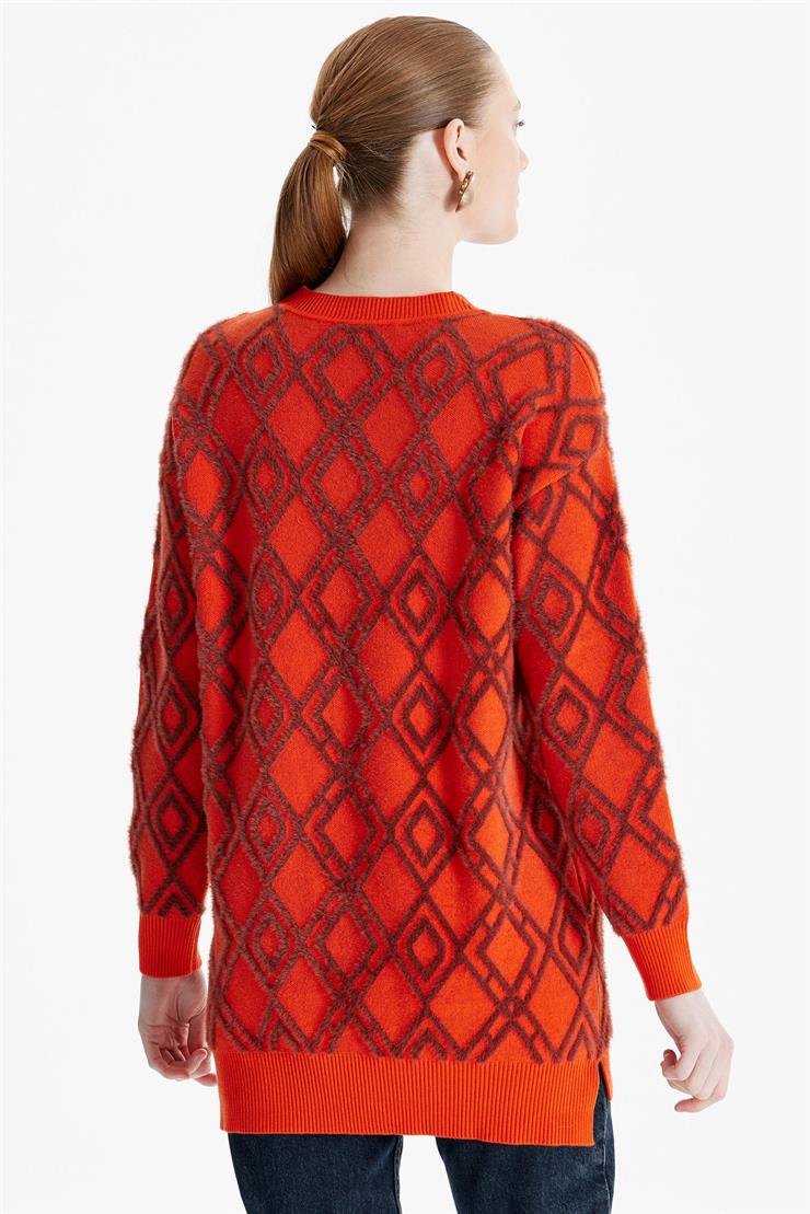 Desenli Sıfır Yaka Triko Tunik ORANJ