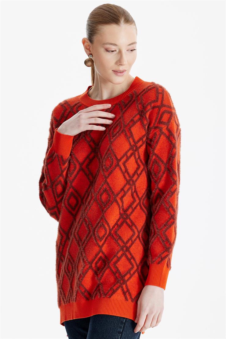 Desenli Sıfır Yaka Triko Tunik ORANJ