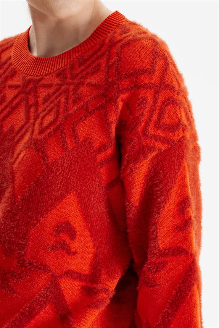 Desenli Sıfır Yaka Triko Tunik ORANJ