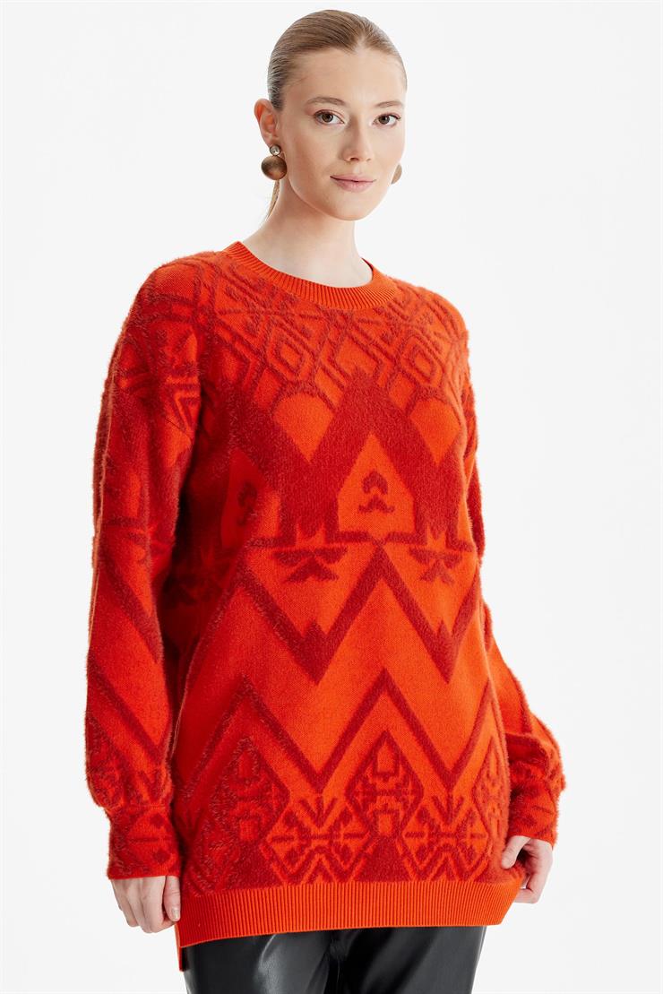 Desenli Sıfır Yaka Triko Tunik ORANJ