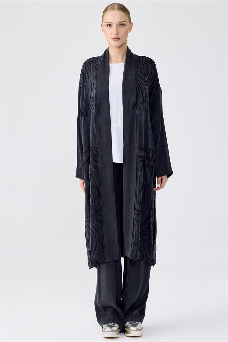 Desenli Ve Düz Kumaş Kombinli Uzun Hırka Takım SİYAH