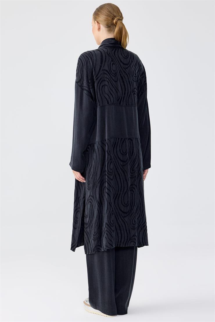 Desenli Ve Düz Kumaş Kombinli Uzun Hırka Takım SİYAH