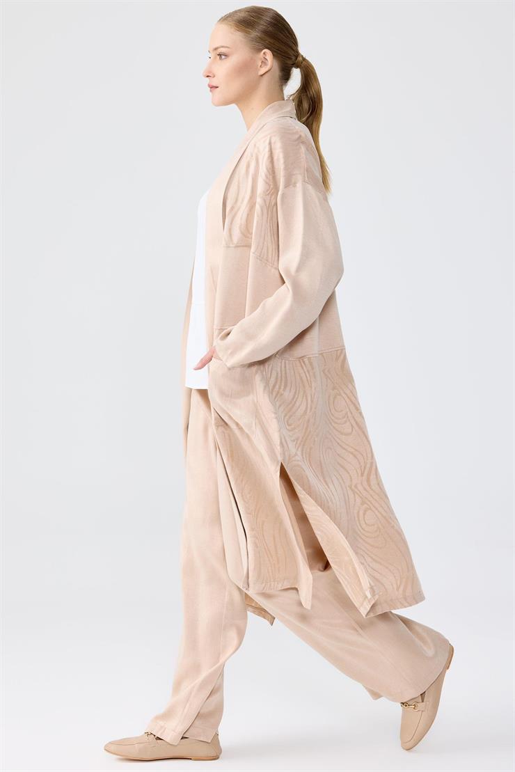 Desenli Ve Düz Kumaş Kombinli Uzun Hırka Takım BEJ