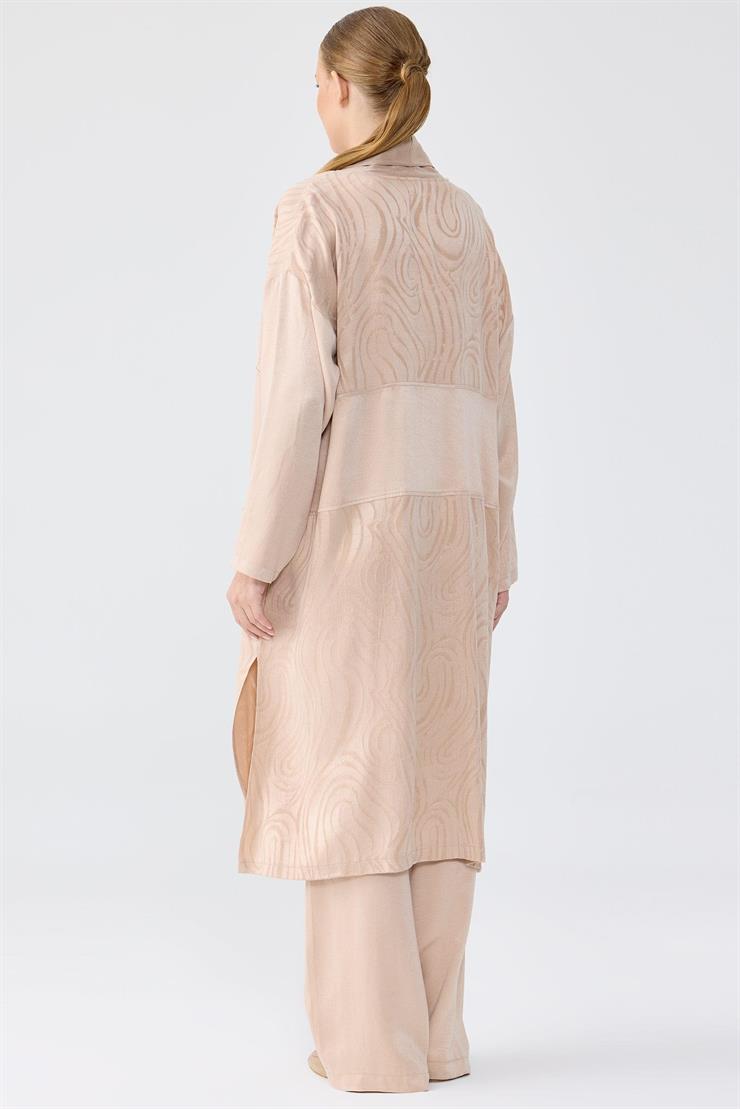 Desenli Ve Düz Kumaş Kombinli Uzun Hırka Takım BEJ