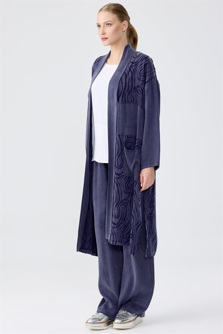 Desenli Ve Düz Kumaş Kombinli Uzun Hırka Takım LACİVERT