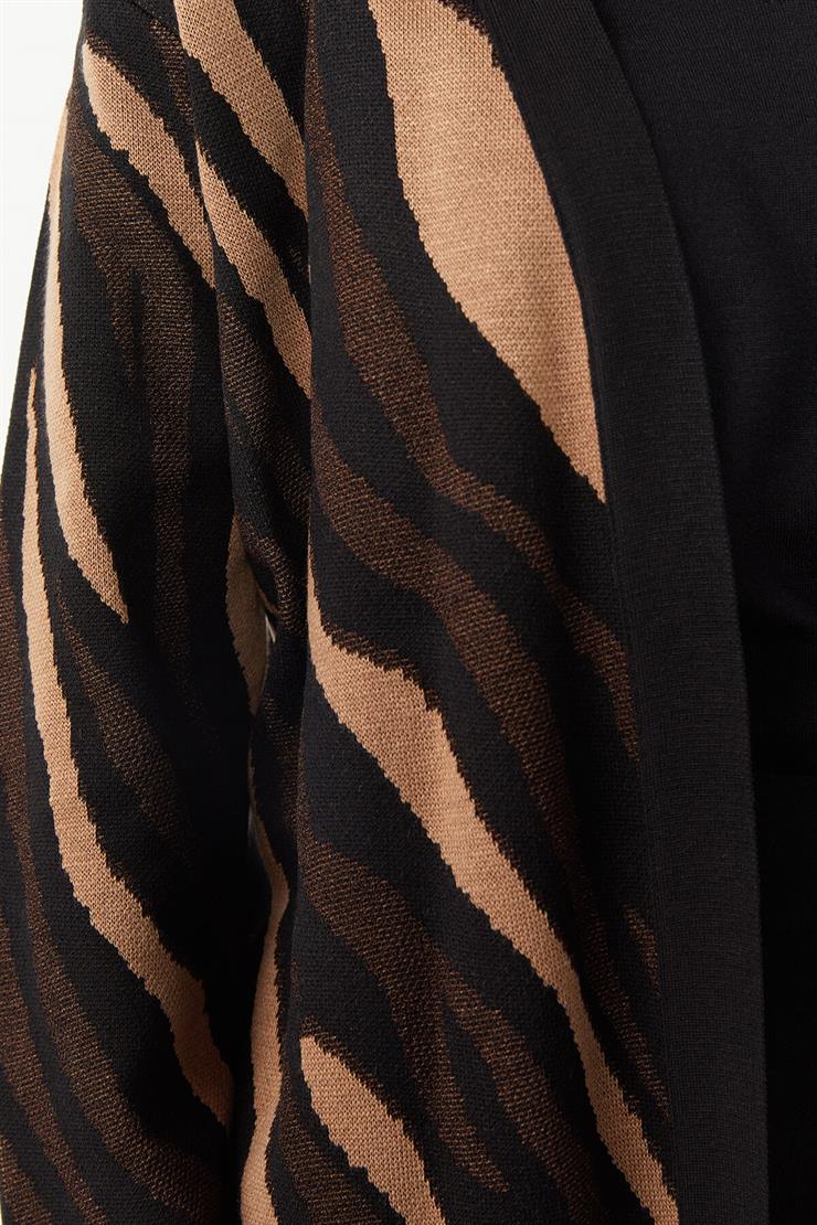 Desenli Yırtmaç Detaylı Triko Hırka-Siyah - Camel