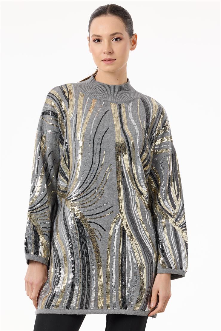 Desenli ve Payetli Triko Tunik GRİ
