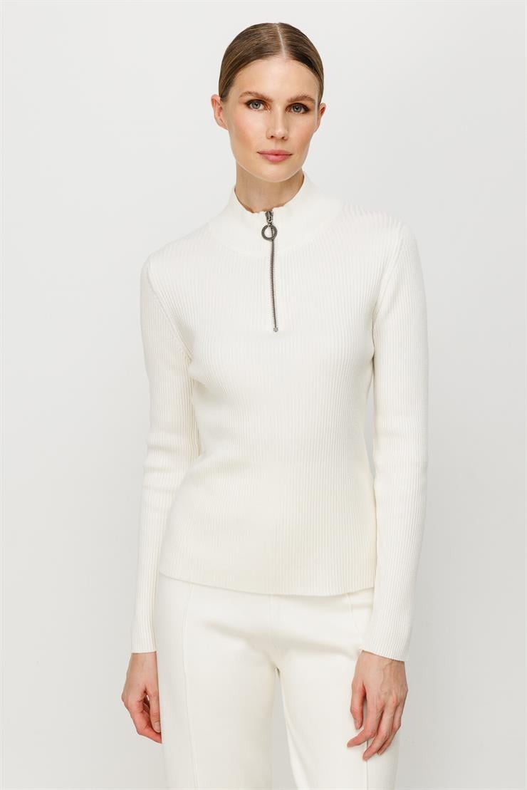 Dik Yaka Fermuarlı Kazak-EKRU