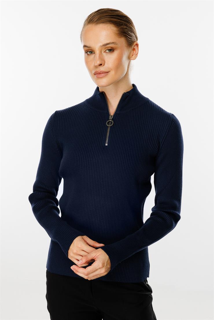 Dik Yaka Fermuarlı Kazak-LACİVERT