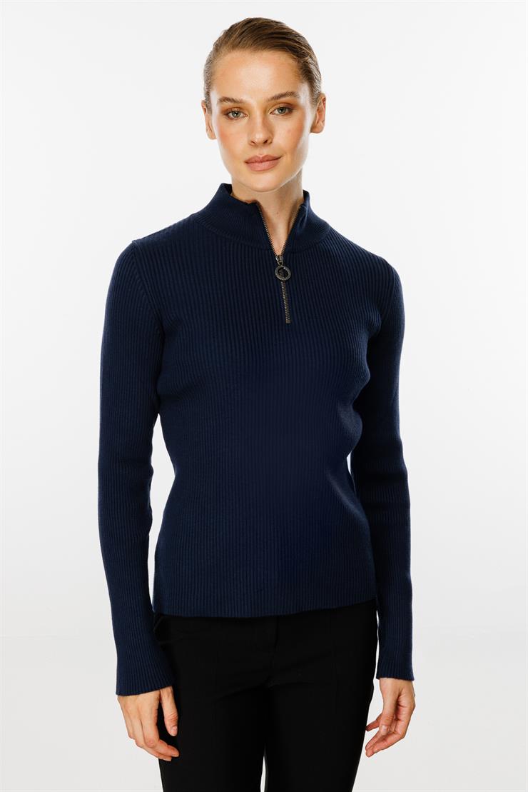 Dik Yaka Fermuarlı Kazak-LACİVERT