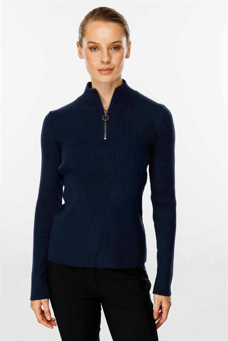 Dik Yaka Fermuarlı Kazak-LACİVERT