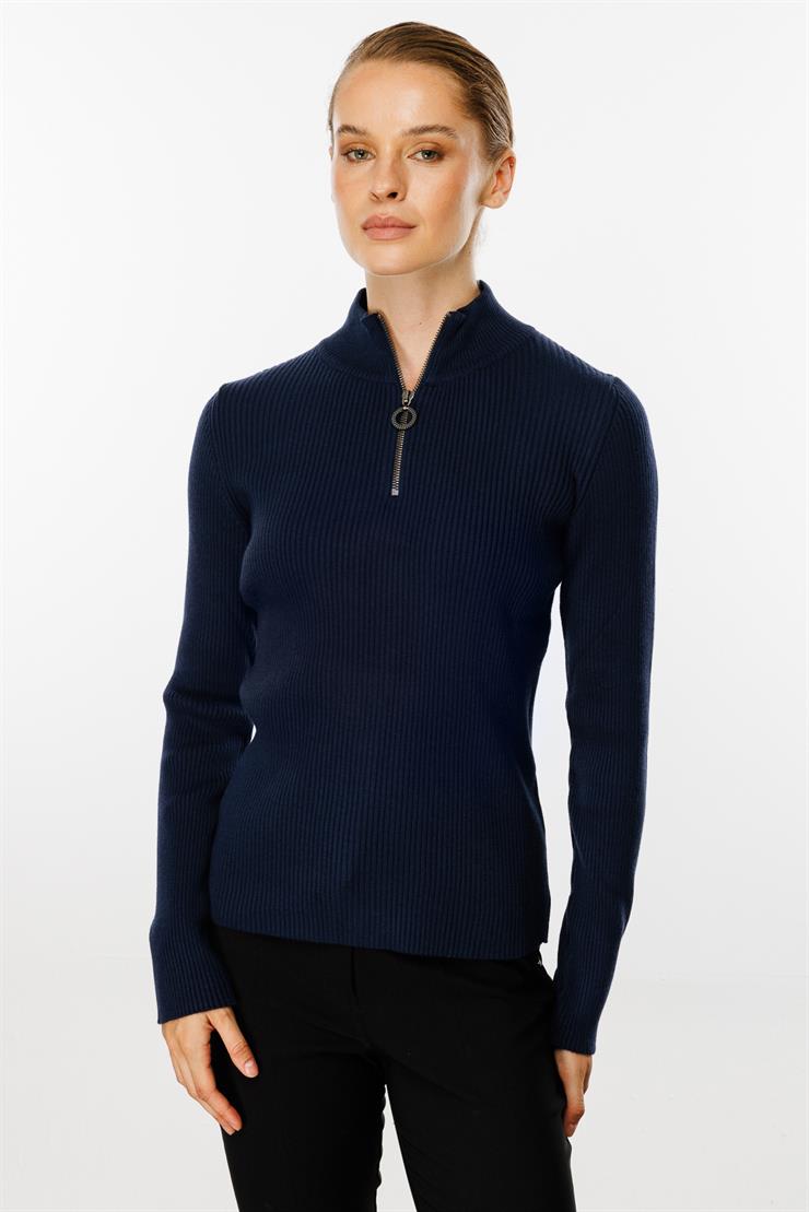 Dik Yaka Fermuarlı Kazak-LACİVERT