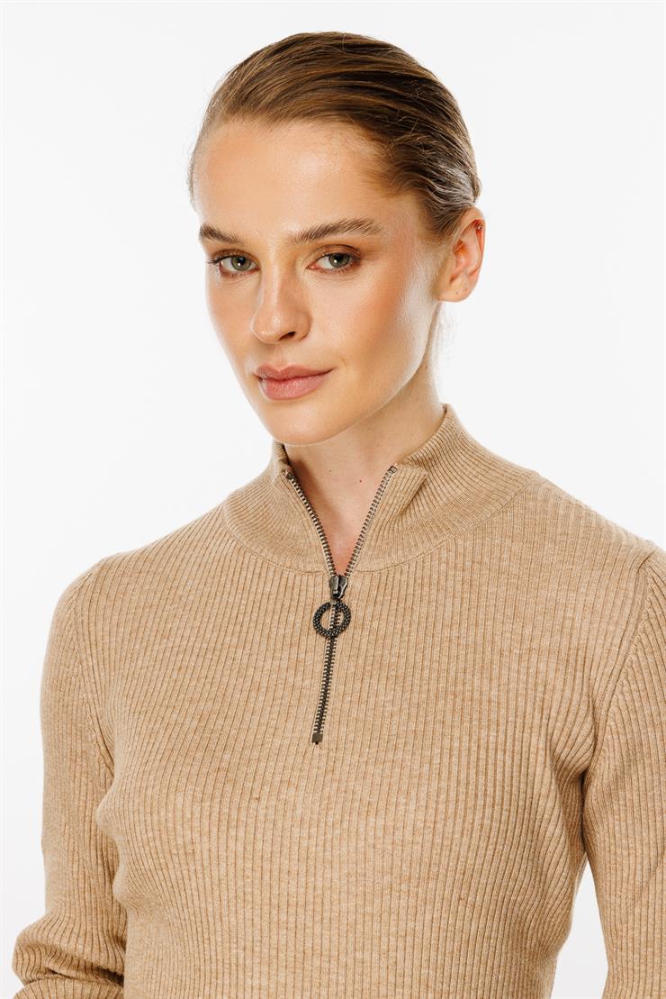 Dik Yaka Fermuarlı Kazak-Taş