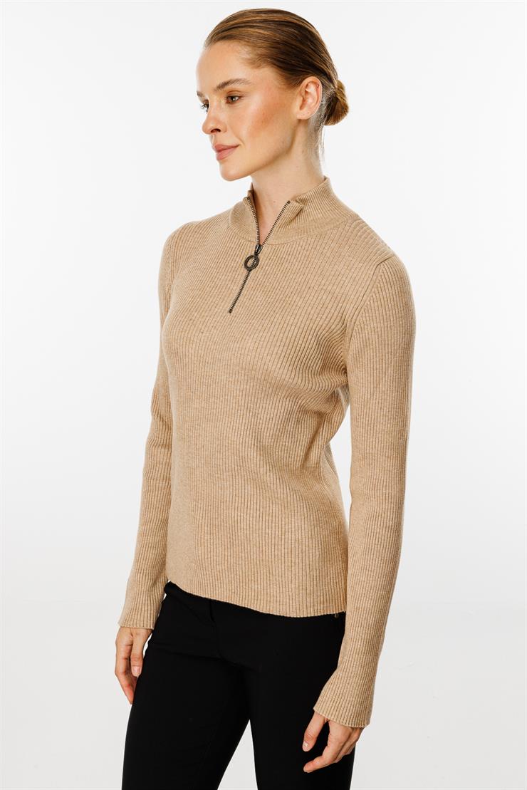 Dik Yaka Fermuarlı Kazak-Taş