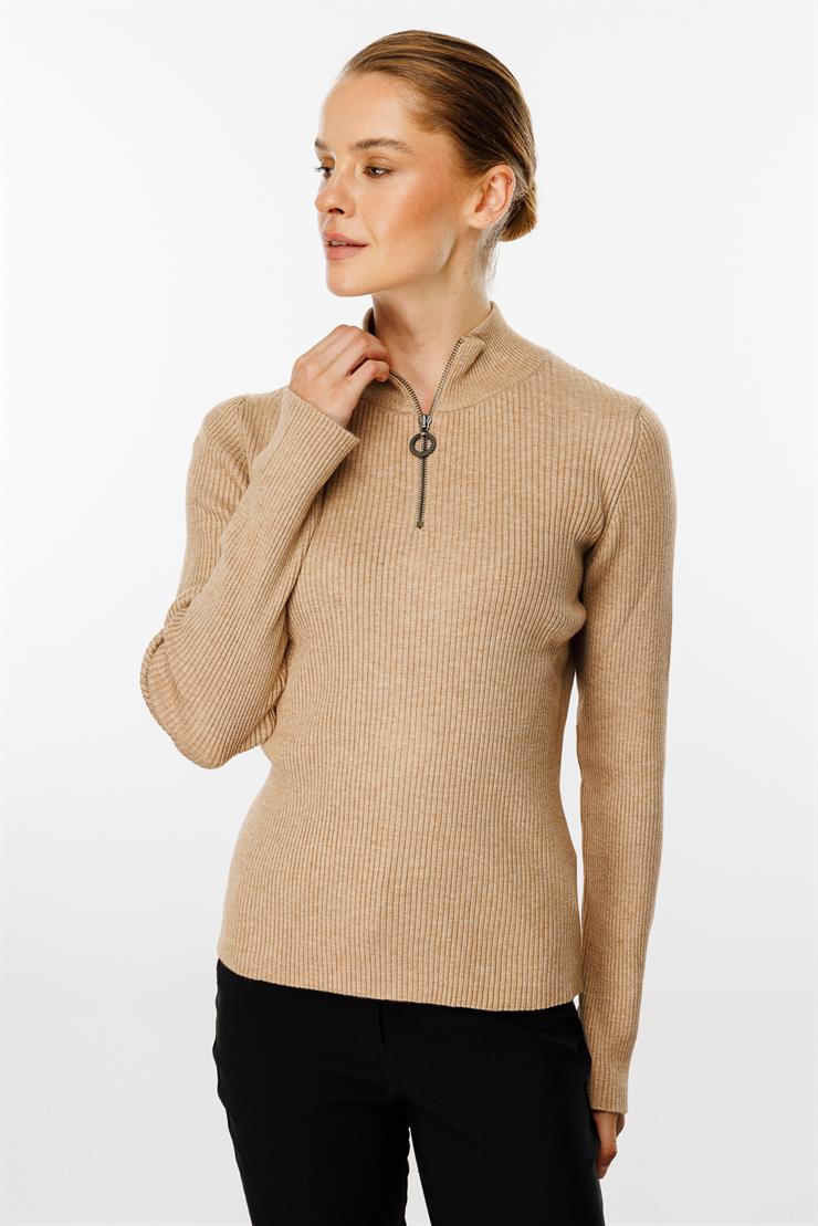 Dik Yaka Fermuarlı Kazak-Taş