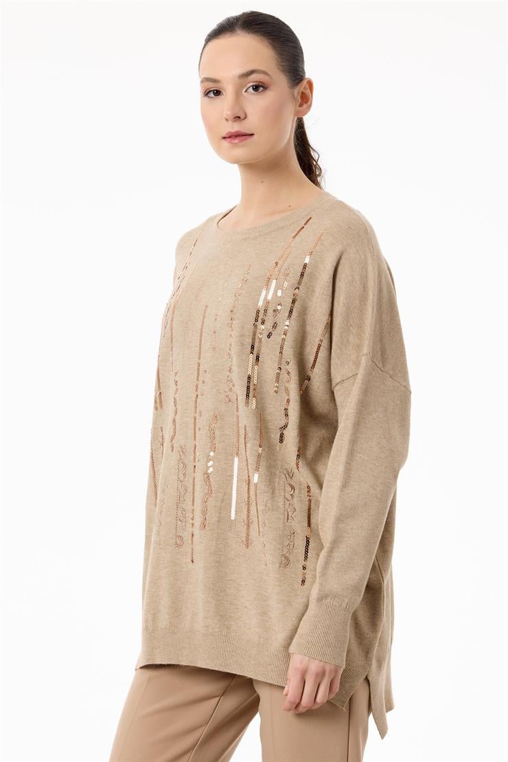 Dikine Şerit Payetli Triko Tunik CAMEL