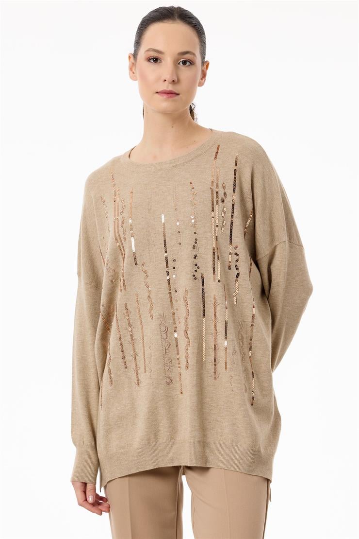 Dikine Şerit Payetli Triko Tunik CAMEL