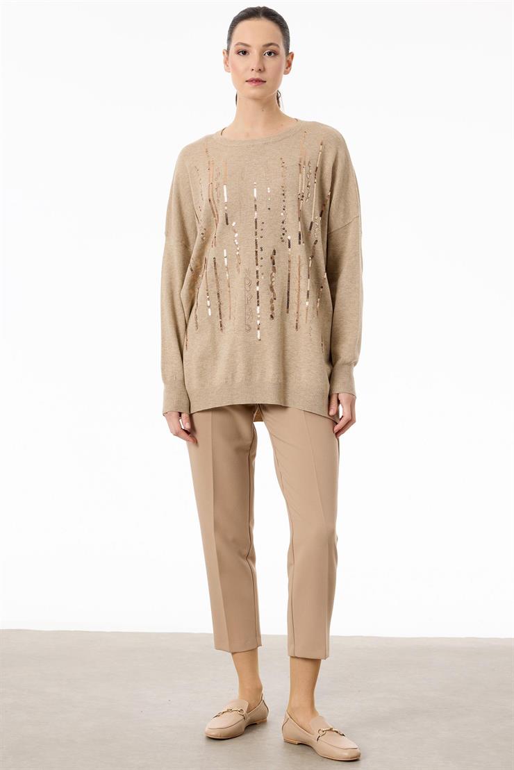 Dikine Şerit Payetli Triko Tunik CAMEL