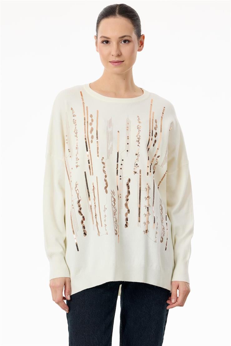 Dikine Şerit Payetli Triko Tunik EKRU