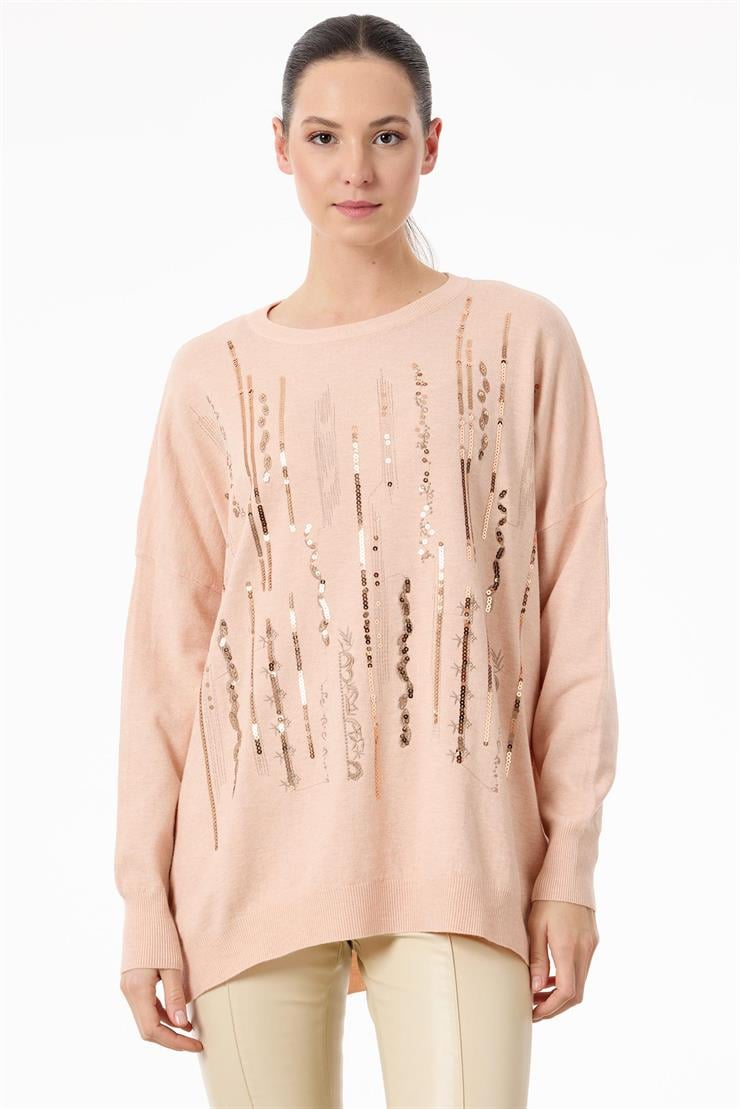 Dikine Şerit Payetli Triko Tunik PEMBE