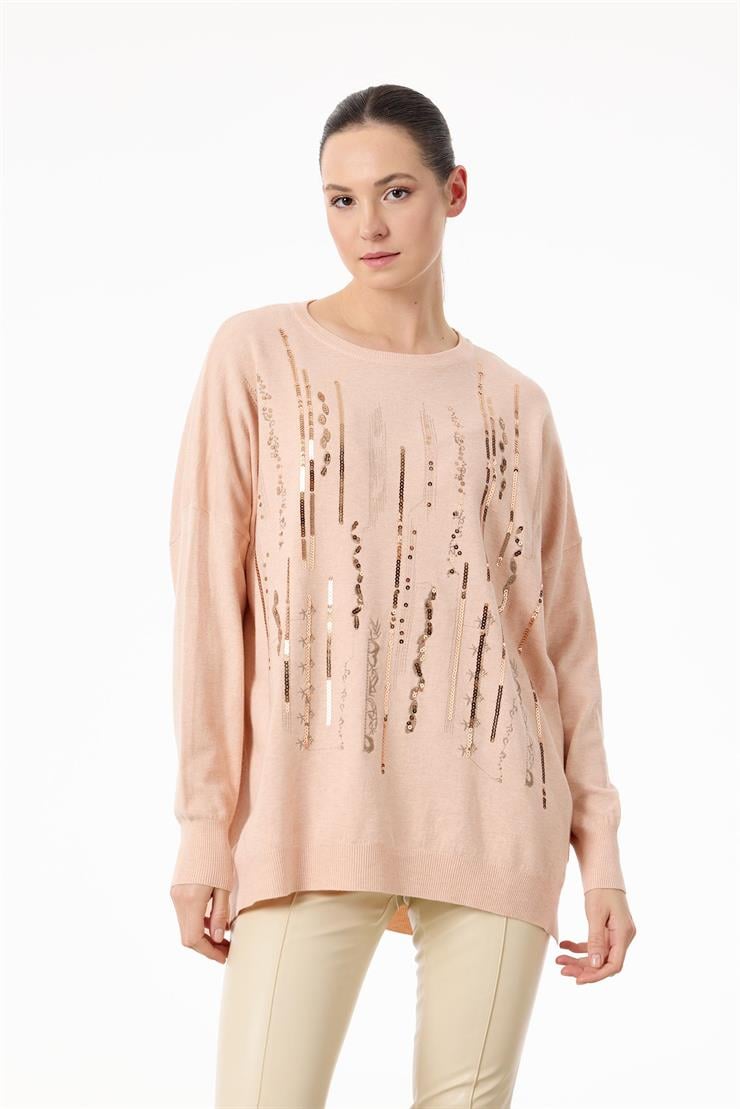 Dikine Şerit Payetli Triko Tunik PEMBE