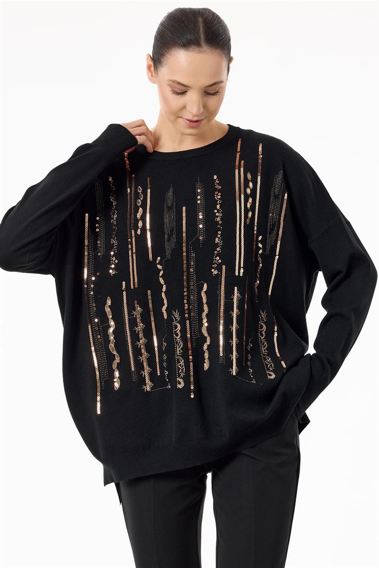 Dikine Şerit Payetli Triko Tunik SİYAH