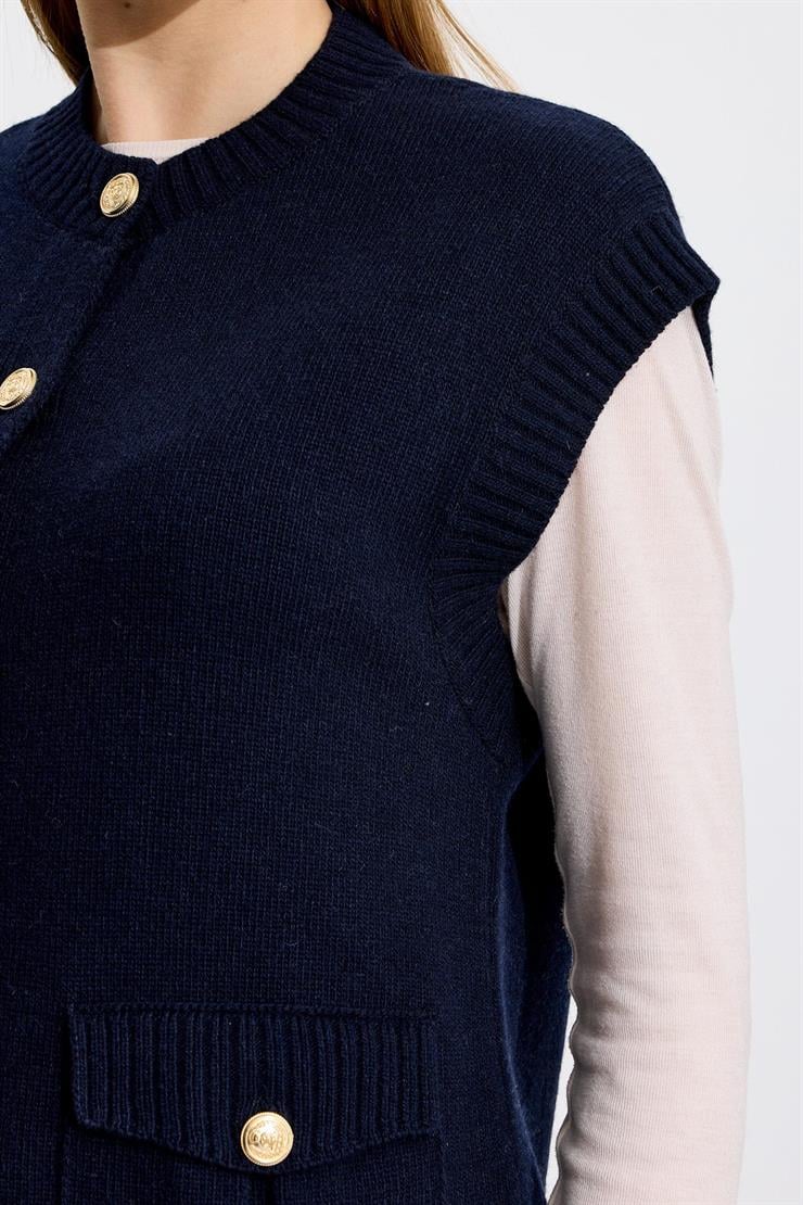 Düğme Ve Cep Detaylı Yün Süveter LACİVERT