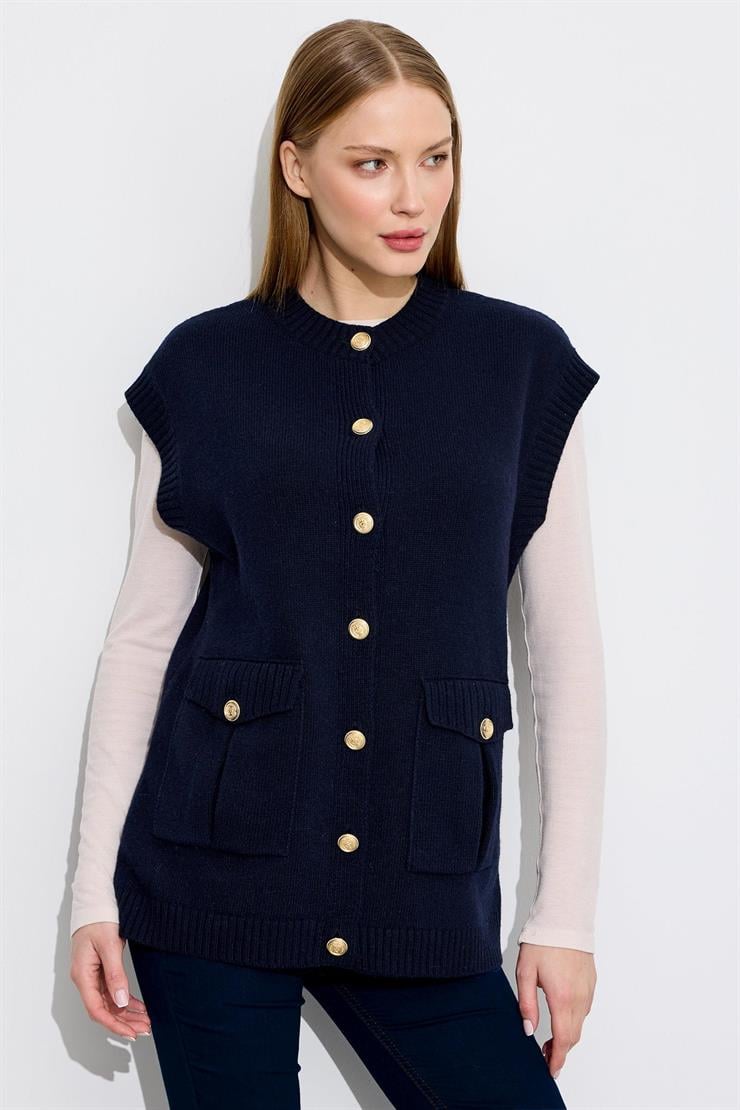Düğme Ve Cep Detaylı Yün Süveter LACİVERT