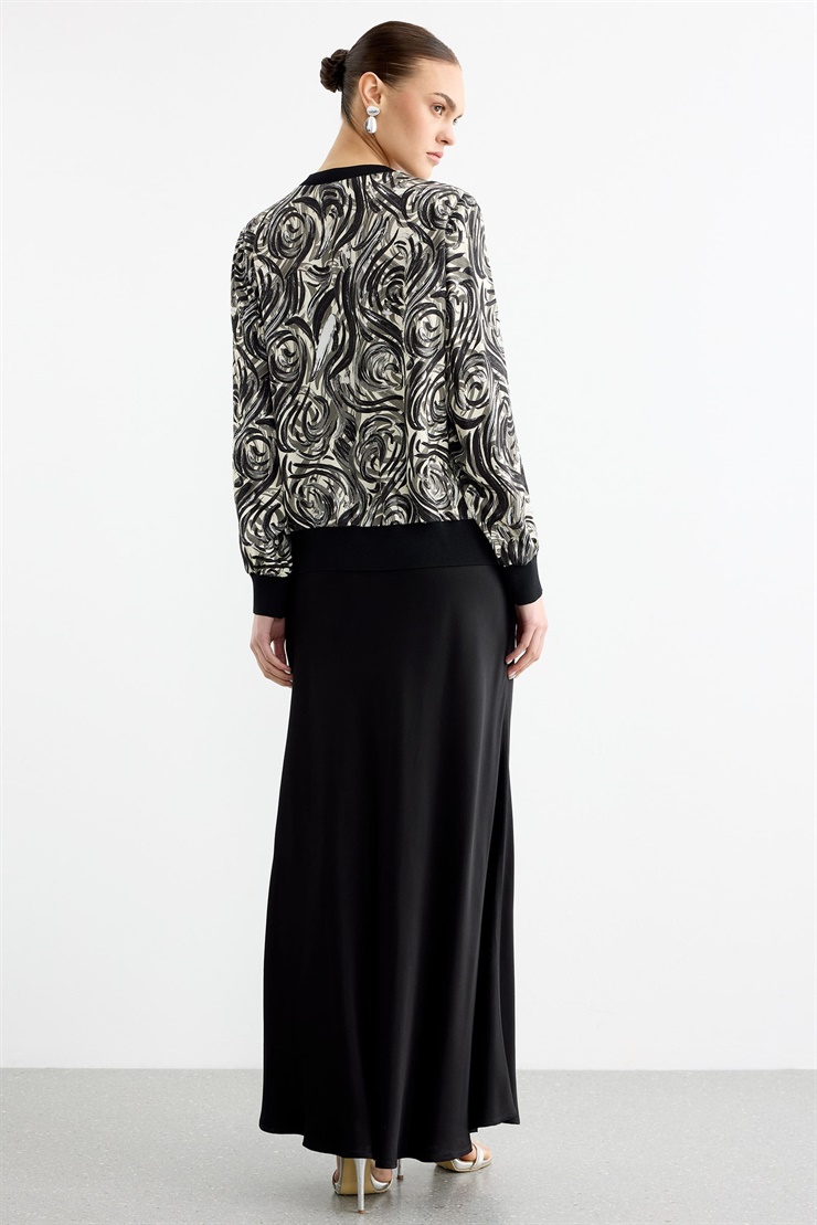 Emprime Gül Desenli 2Li  Etekli Takım SİYAH