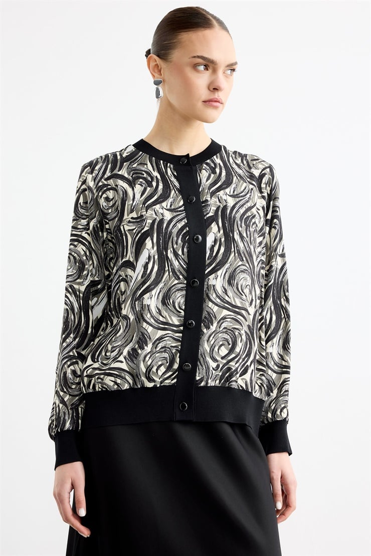 Emprime Gül Desenli 2Li  Etekli Takım SİYAH