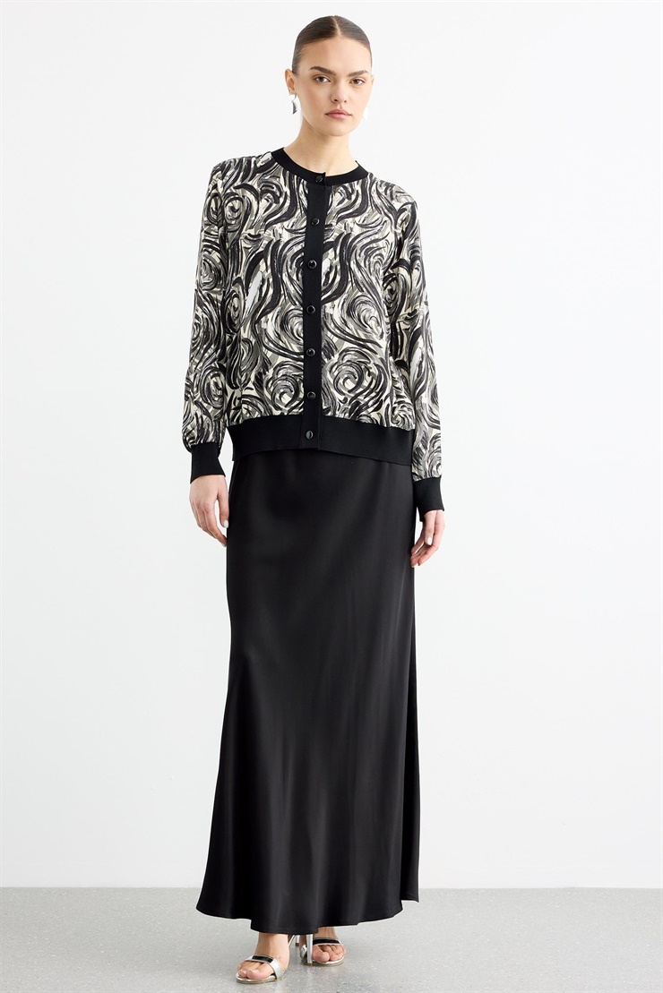 Emprime Gül Desenli 2Li  Etekli Takım SİYAH