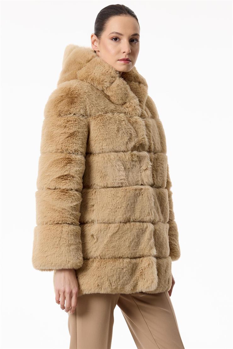 Enine Çizgili Kapşonlu Kürk Kaban CAMEL