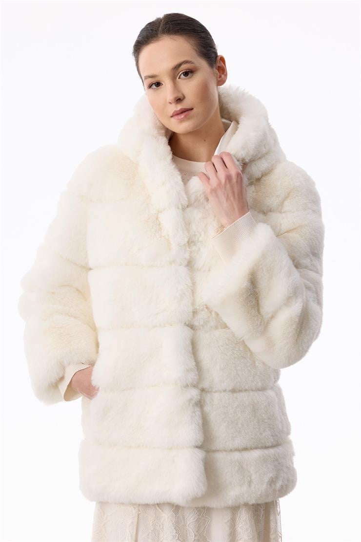 Enine Çizgili Kapşonlu Kürk Kaban EKRU