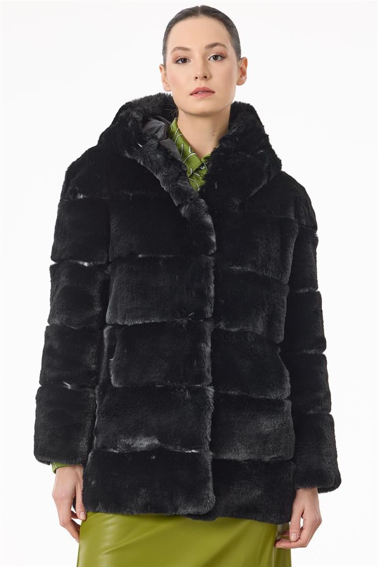 Enine Çizgili Kapşonlu Kürk Kaban SİYAH